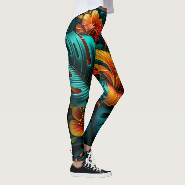 Farbenfrohe Elegante Tropische Blätter und Blume | Leggings (Rechts)