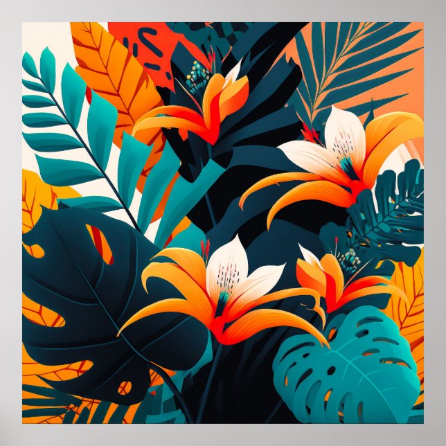 Farbenfrohe Elegante Tropische Blätter und Blume | Poster (Vorne)