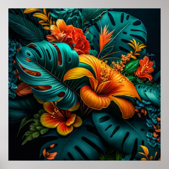 Farbenfrohe Elegante Tropische Blätter und Blume | Poster (Vorne)