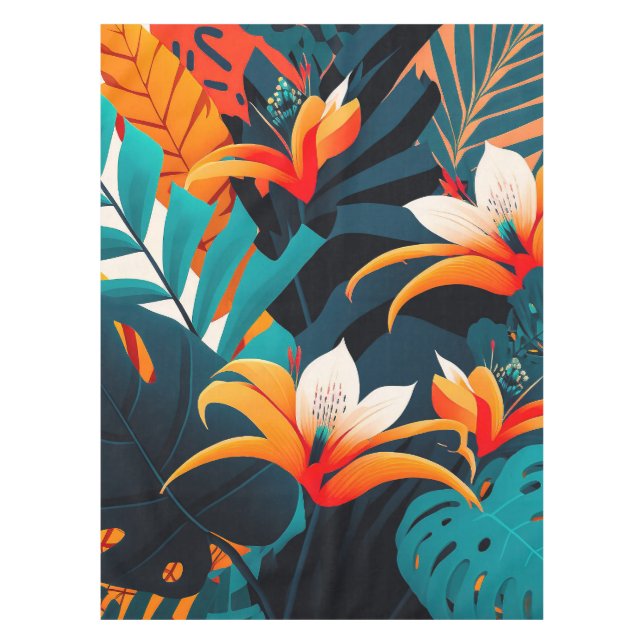 Farbenfrohe Elegante Tropische Blätter und Blume | Tischdecke (Vorderseite)