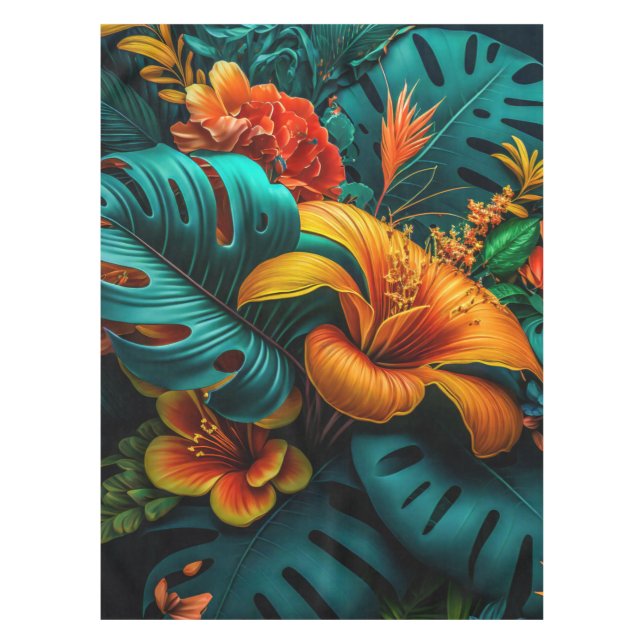 Farbenfrohe Elegante Tropische Blätter und Blume | Tischdecke (Vorderseite)