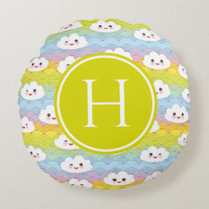 Farbenfrohe Emoji Kawaii Wolken Muster Monogram Rundes Kissen