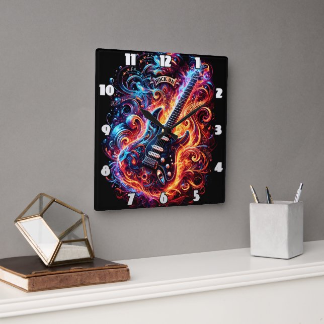 Farbenfrohe, energetische Gitarrenvibe Quadratische Wanduhr (Büro)