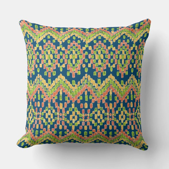 Farbenfrohe Ethnic Ikat Muster auf blau Kissen (Vorderseite)