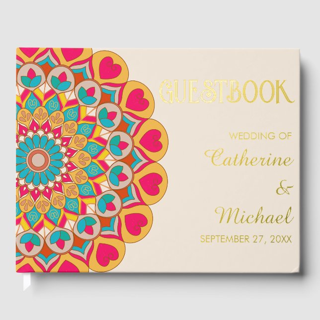 Farbenfrohe Ethnic Mandala Bold & Bright Wedding Gästebuch (Vorderseite)