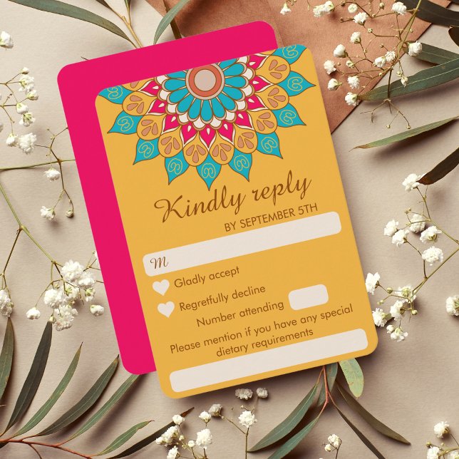 Farbenfrohe Ethnic Mandala Bold & Bright Wedding RSVP Karte (Von Creator hochgeladen)
