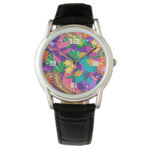 Farbenfrohe exotische Blätter und Blume Muster Armbanduhr