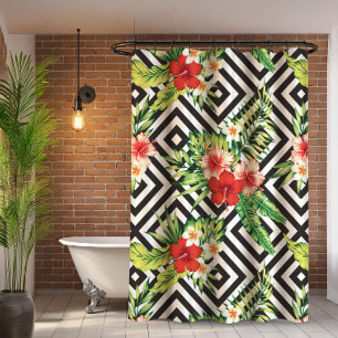 Farbenfrohe exotische Blume Modernes geometrisches Duschvorhang