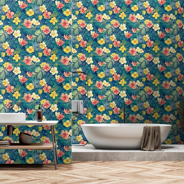 Farbenfrohe exotische Blume-Muster Tapete (Badezimmer)