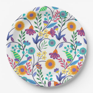 Farbenfrohe, exotische, florale Hintergrundmuster- Pappteller