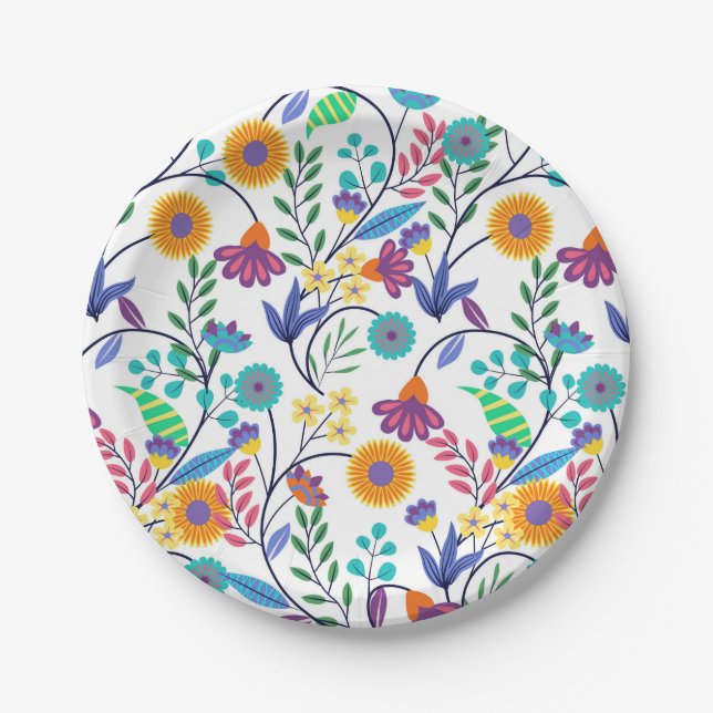 Farbenfrohe, exotische, florale Hintergrundmuster- Pappteller (Vorderseite)