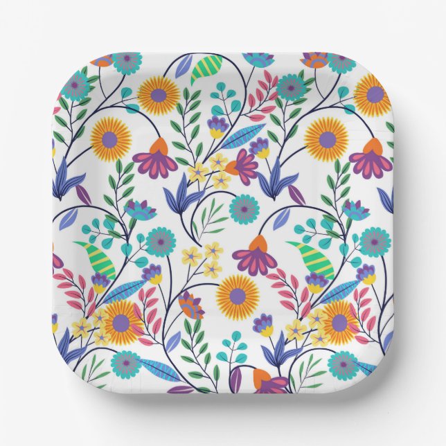 Farbenfrohe, exotische, florale Hintergrundmuster- Pappteller (Vorderseite)