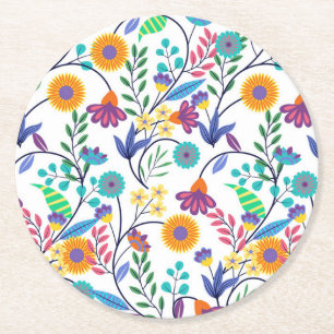 Farbenfrohe, exotische, florale Hintergrundmuster- Runder Pappuntersetzer