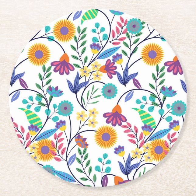Farbenfrohe, exotische, florale Hintergrundmuster- Runder Pappuntersetzer (Vorderseite)