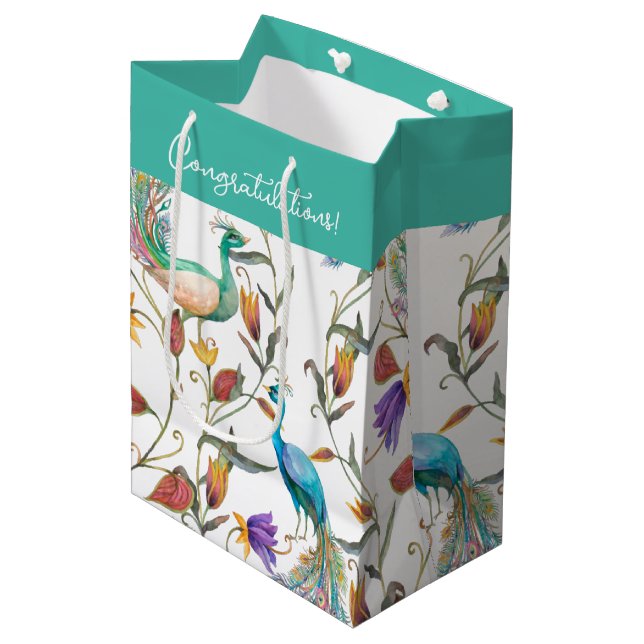 Farbenfrohe exotische Pfauenflora-Muster Mittlere Geschenktüte (Vorderseite Schrägansicht)