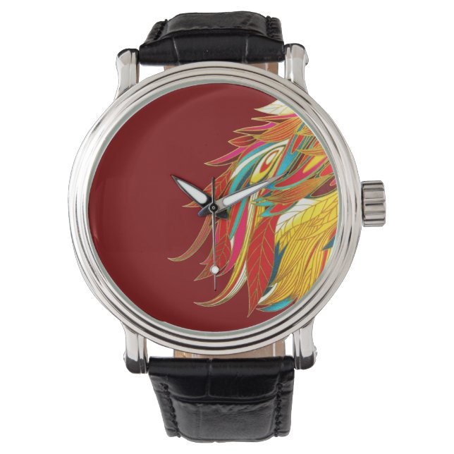Farbenfrohe exotische Tribal Federn Rot Armbanduhr (Vorderseite)