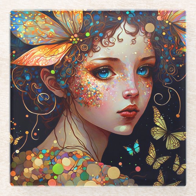 Farbenfrohe Fairy Butterfells Fantasy Art Glasuntersetzer (Vorderseite)