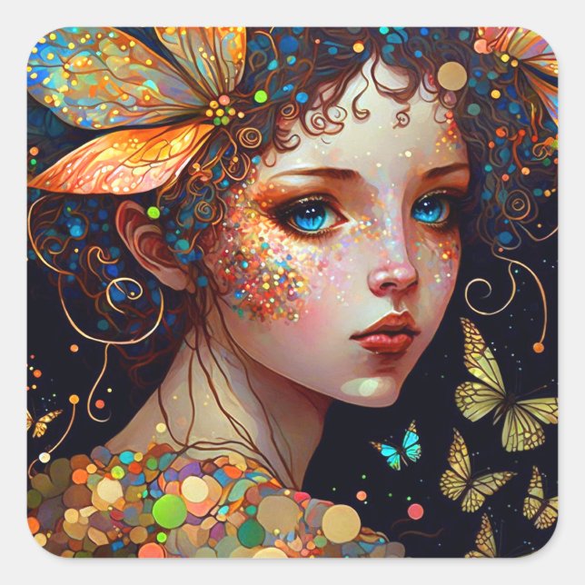 Farbenfrohe Fairy Butterfells Fantasy Art Quadratischer Aufkleber (Vorderseite)