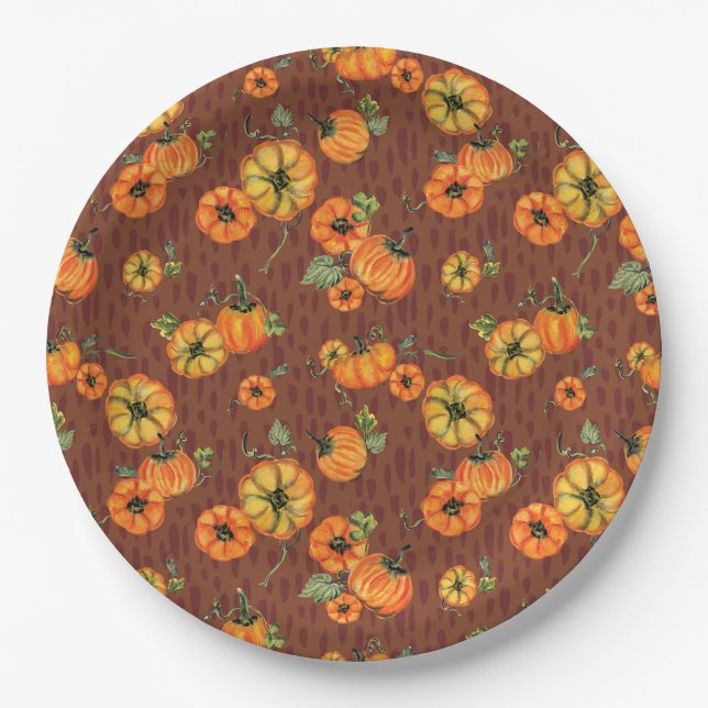 Farbenfrohe Fallpumpen Orange/Rost Pappteller (Vorderseite)