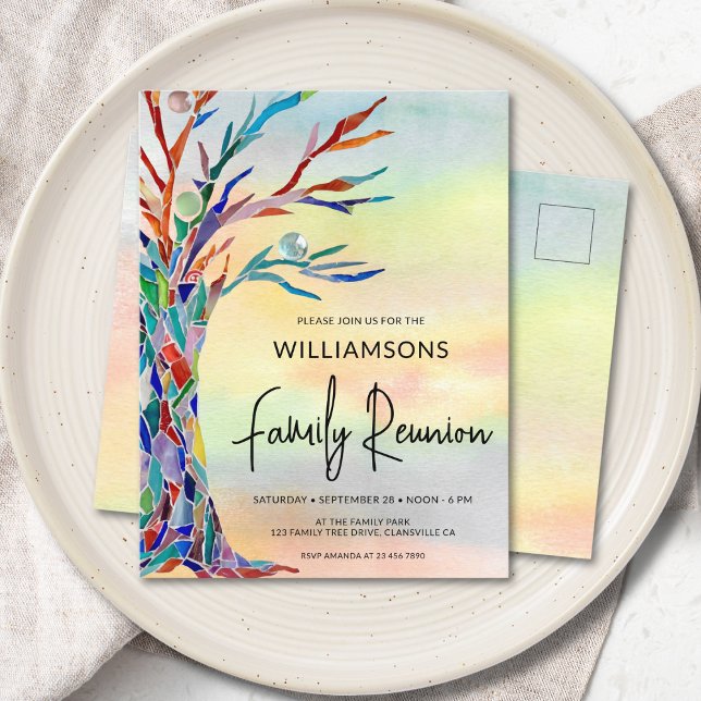 Farbenfrohe Familienbaum-Wiedersehen Einladungspostkarte (Von Creator hochgeladen)