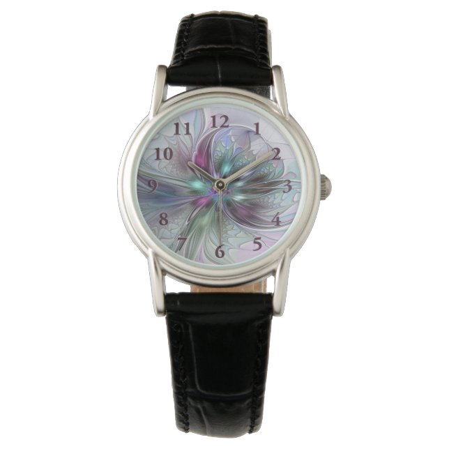 Farbenfrohe Fantasie Abstrakt Modernes Fraktal Blu Armbanduhr (Vorderseite)