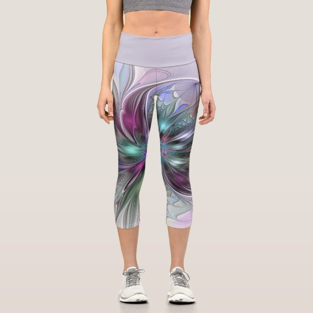Farbenfrohe Fantasie Abstrakt Modernes Fraktal Blu Capri Leggings (Vorderseite)