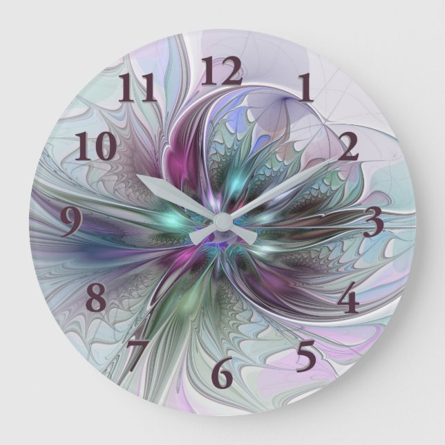 Farbenfrohe Fantasie Abstrakt Modernes Fraktal Blu Große Wanduhr (Vorderseite)