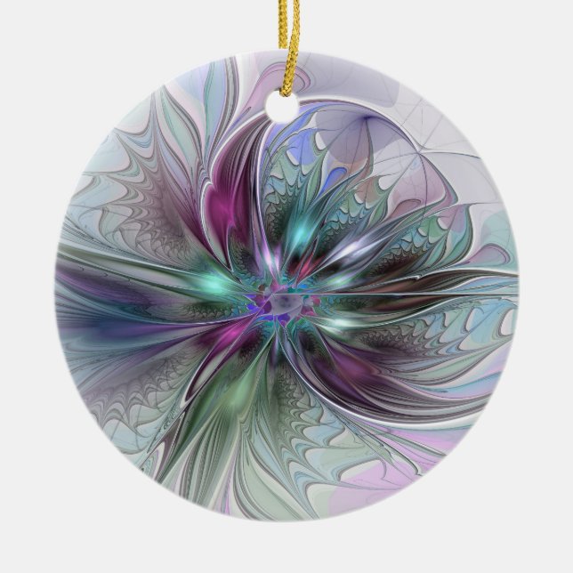Farbenfrohe Fantasie Abstrakt Modernes Fraktal Blu Keramik Ornament (Vorne)