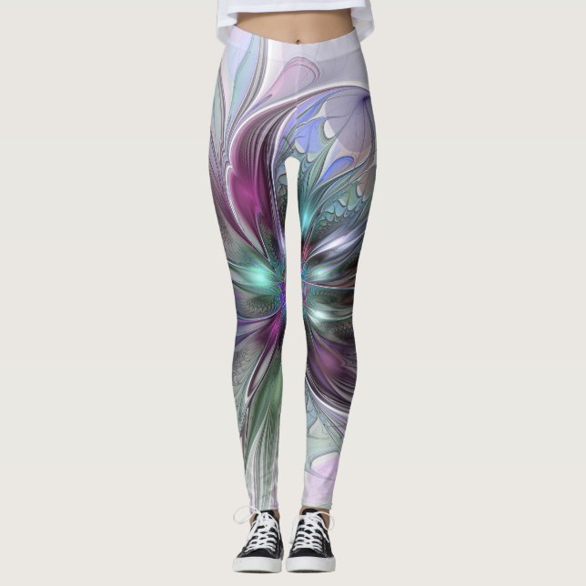 Farbenfrohe Fantasie Abstrakt Modernes Fraktal Blu Leggings (Vorderseite)