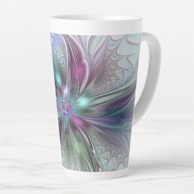 Farbenfrohe Fantasie Abstrakt Modernes Fraktal Blu Milchtasse (Rechte Ecke)
