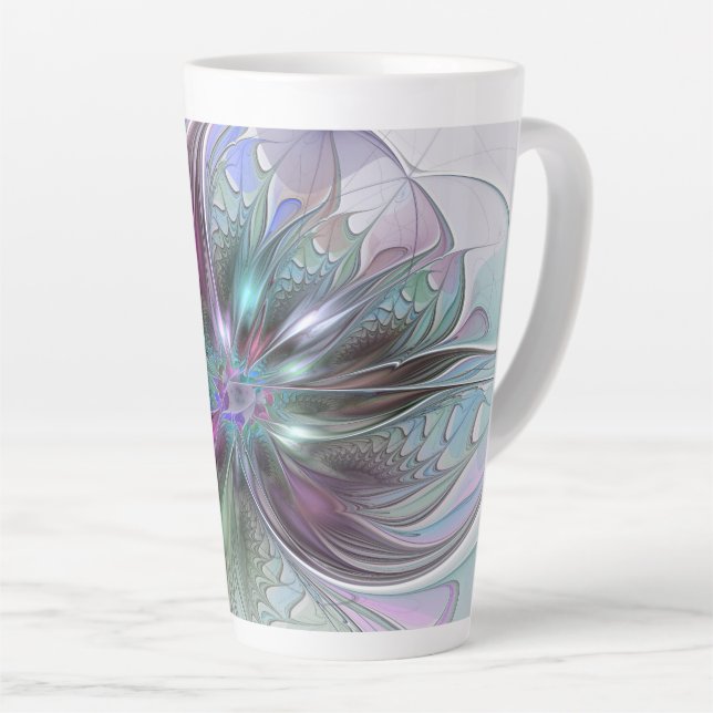 Farbenfrohe Fantasie Abstrakt Modernes Fraktal Blu Milchtasse (Rechte Ecke)