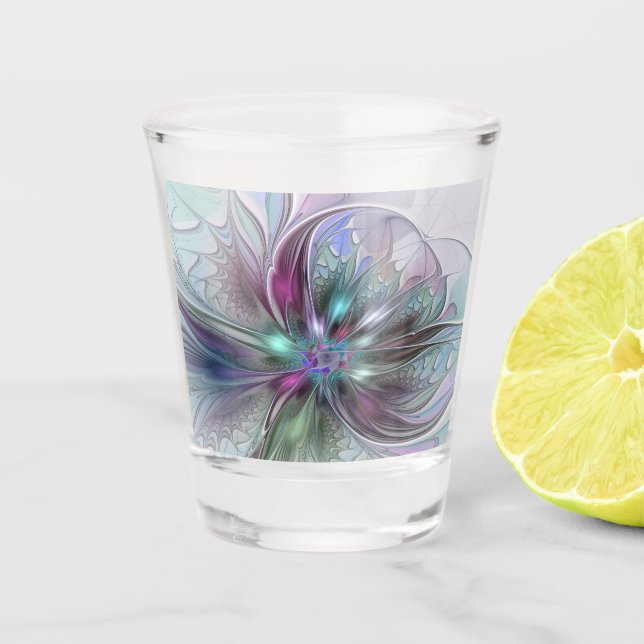 Farbenfrohe Fantasie Abstrakt Modernes Fraktal Blu Schnapsglas (Vorderseite)