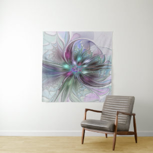 Farbenfrohe Fantasie Abstrakt Modernes Fraktal Blu Wandteppich