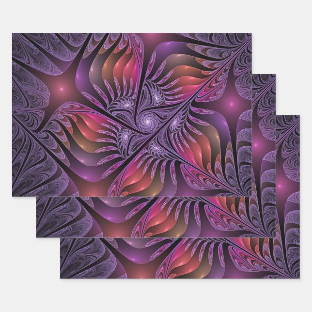 Farbenfrohe Fantasie Abstrakt Modernes Lila Frakta Geschenkpapier Set (Set)