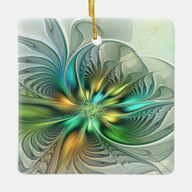 Farbenfrohe Fantasie Abstrakte Blume Fraktal Art Keramikornament (Vorderseite)