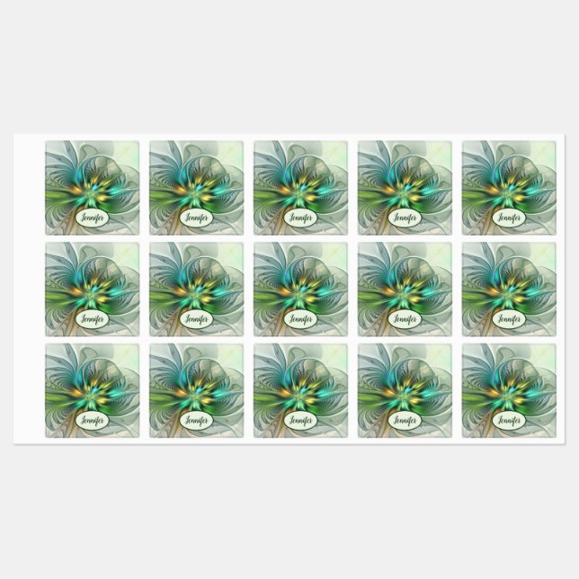 Farbenfrohe Fantasie Abstrakte Blume Fraktal Etiketten (Blatt)