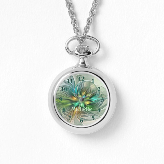 Farbenfrohe Fantasie Abstrakte Blume Fraktal Name Armbanduhr (Vorderseite)