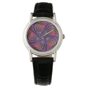 Farbenfrohe Fantasie Abstrakte Trippy Lila Fraktal Armbanduhr