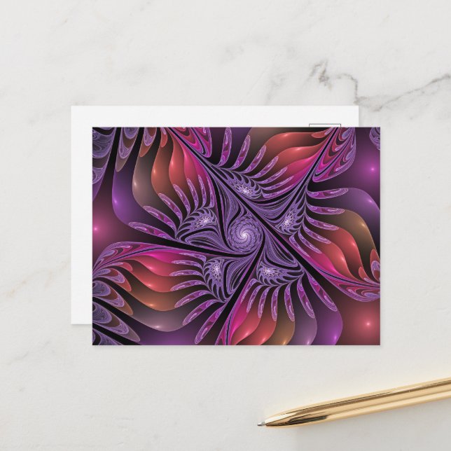 Farbenfrohe Fantasie Abstrakte Trippy Lila Fraktal Postkarte (Vorderseite/Rückseite Beispiel)