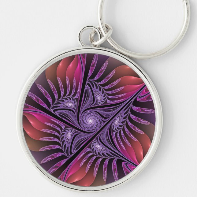 Farbenfrohe Fantasie Abstrakte Trippy Lila Fraktal Schlüsselanhänger (Vorne)