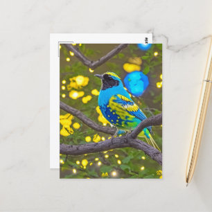 Farbenfrohe Fantasie Blau und Gelber Vogel Postkarte