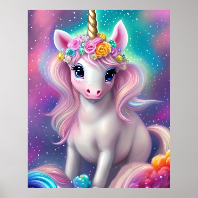 Farbenfrohe Fantasie Kawaii Unicorn Poster (Vorne)