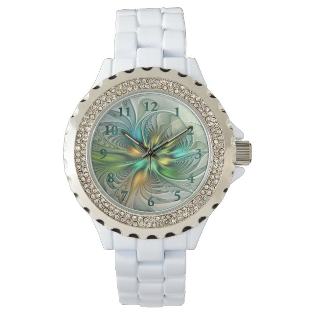 Farbenfrohe Fantasie Moderne Abstrakte Blume Frakt Armbanduhr (Vorderseite)