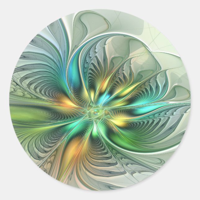 Farbenfrohe Fantasie Moderne Abstrakte Blume Frakt Runder Aufkleber (Vorderseite)