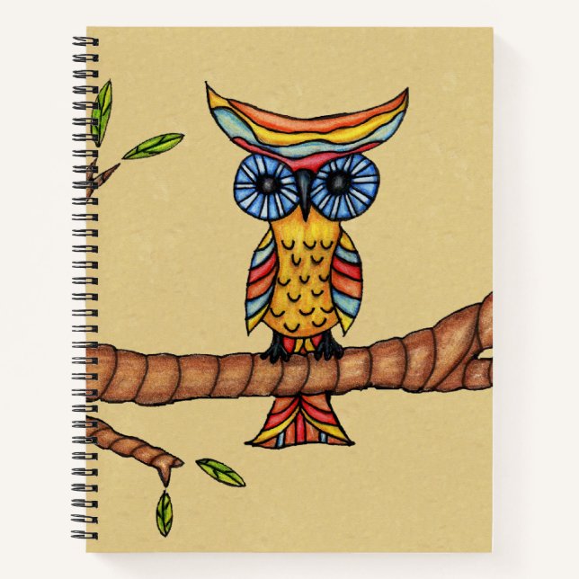 Farbenfrohe Fantasie Owl Blue Eyes Branch Blätter  Notizbuch (Vorderseite)