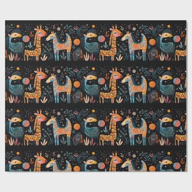 Farbenfrohe fantasievolle Tiere auf schwarz Geschenkpapier (Flach)