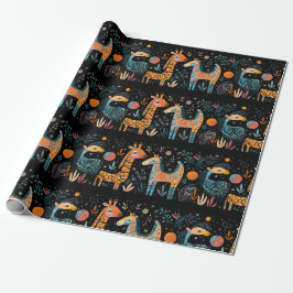 Farbenfrohe fantasievolle Tiere auf schwarz Geschenkpapier