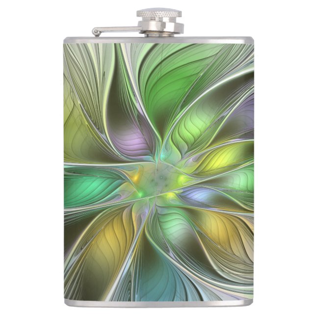 Farbenfrohe Fantasy-Blume Modernes Abstraktes Frak Flachmann (Vorderseite)