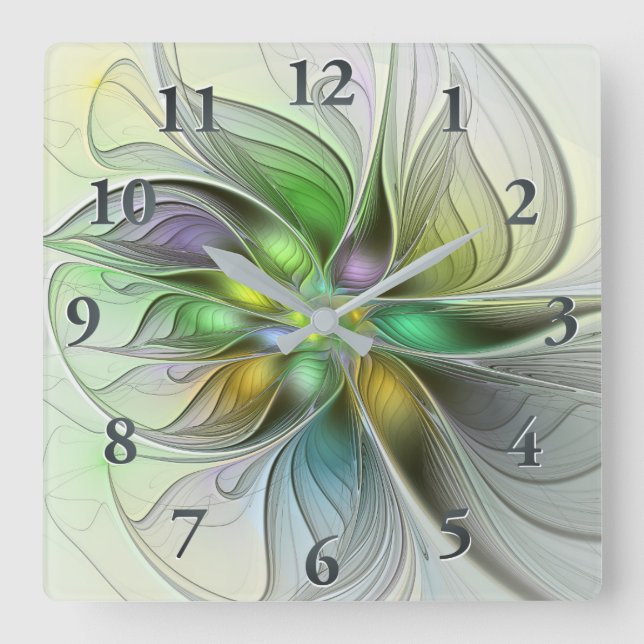 Farbenfrohe Fantasy-Blume Modernes Abstraktes Frak Quadratische Wanduhr (Vorderseite)