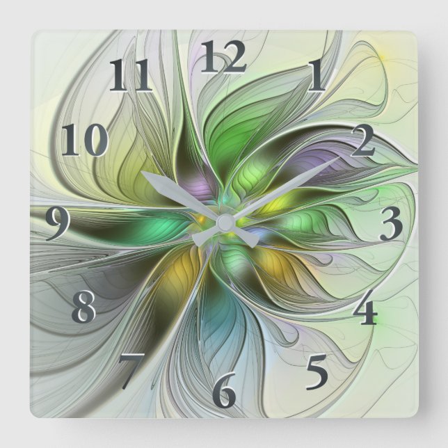 Farbenfrohe Fantasy-Blume Modernes Abstraktes Frak Quadratische Wanduhr (Vorderseite)